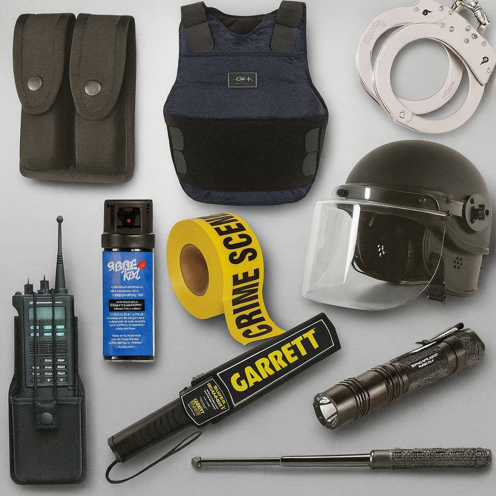Tactical duty gear including vest, handcuffs, helmet, flashlight, and communication tools for professionals.