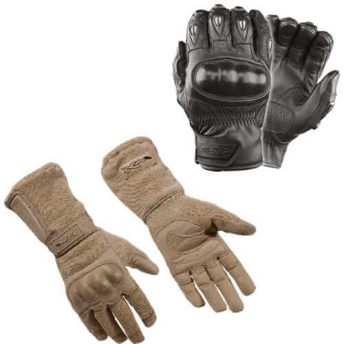 Tactical and duty gloves collection featuring black and tan pairs for enhanced grip and protection in rugged environments.