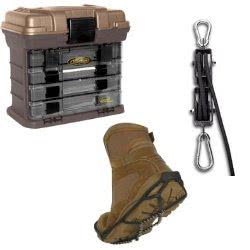 Different tools and equipment, including a storage box, a boot, and a rope clip, ideal for outdoor activities and projects.