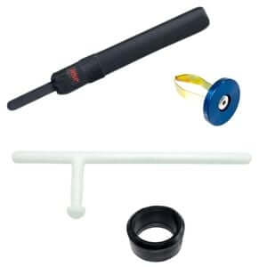 Collection of training batons and baton accessories including a baton, training bag, and various tools for tactical training.