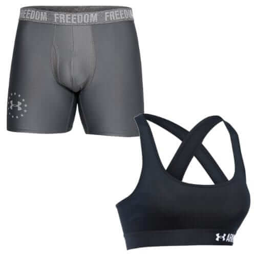 Men's gray boxer briefs and women's black sports bra, featuring the Under Armour logo and a stylish design.