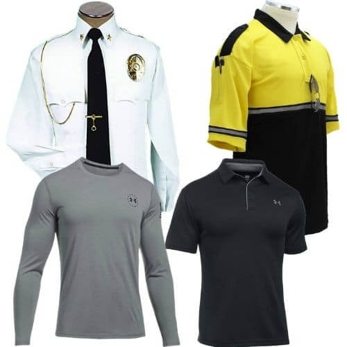 Collection of professional tops including police uniform shirt and tactical apparel for various professions.