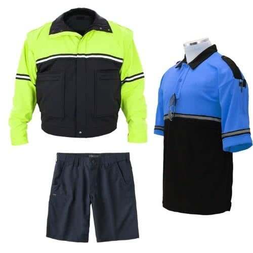 Bike patrol clothing featuring a high-visibility jacket, polo shirt, and shorts for optimal comfort and safety.