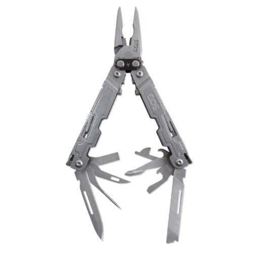 Multi-tool with pliers and multiple blades, ideal for camping, hiking, and everyday tasks.