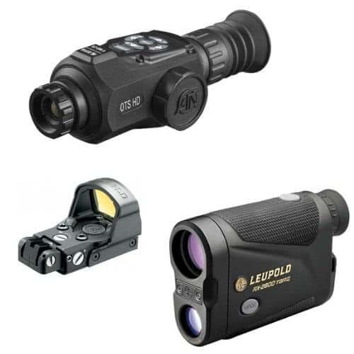 Leupold optics, including thermal optic, reflex sight, and rangefinder, ideal for shooting accessories.