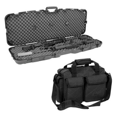 Durable rifle case and tactical range bag for secure firearm transport and storage.