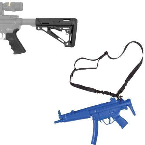 Black adjustable stock and blue airsoft gun with tactical sling, perfect for enhanced shooting experience and accessories.