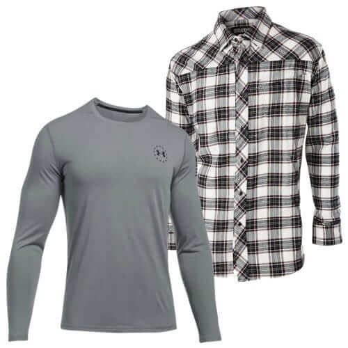 Long sleeve tactical shirt in grey and a black-and-white plaid flannel shirt, perfect for adventure and comfort.
