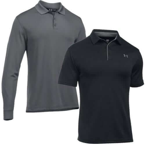 Two Under Armour polo shirts in gray and black, ideal for casual or professional wear. Quality and comfort combined.