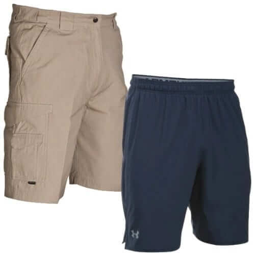 Two pairs of quality shorts: a beige cargo short and a navy athletic short for various activities.