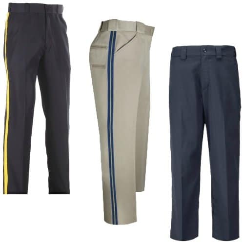Three styles of uniform pants featuring different colors and designs for professional and tactical use.