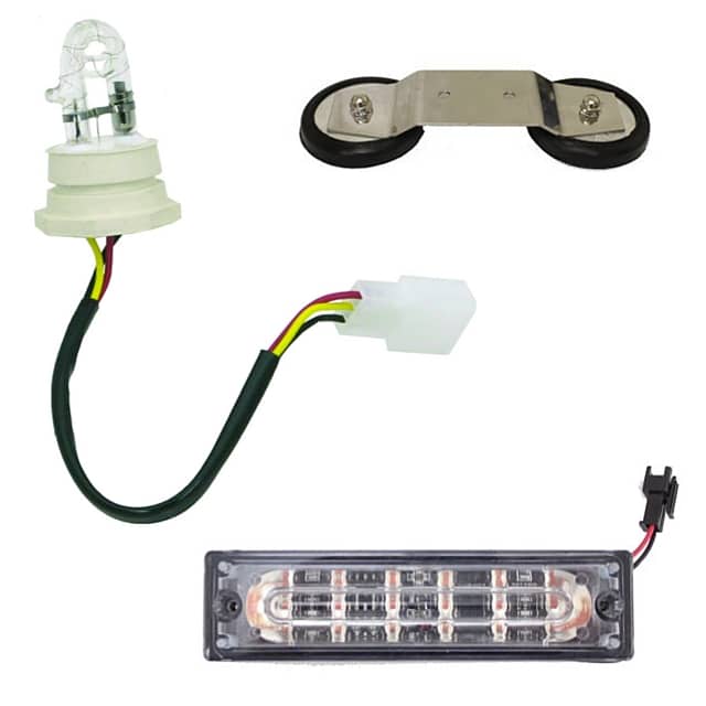 Various car parts including a light bulb socket, mount bracket, and LED light assembly for automotive use.