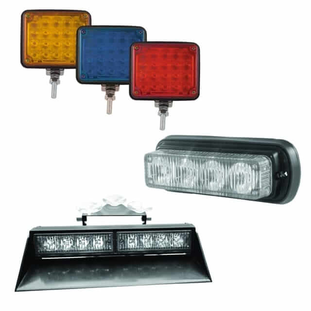 Collection of grill and dash lights featuring amber, blue, and red LED warning lights for enhanced visibility and safety.