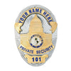 Customizable silver and gold private security badge featuring a capitol design and space for personal name.