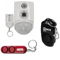 Various alarms including a motion sensor and personal safety devices for enhanced security and protection.