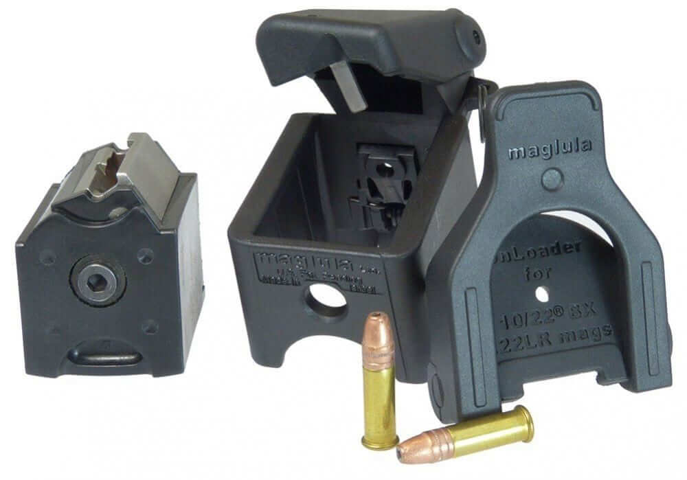 Ammunition accessories including a speed loader and cartridges for efficient reloading and shooting convenience.