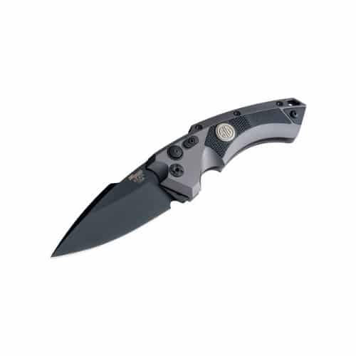 sleek automatic knife with a black blade and gray handle, perfect for precision cutting and everyday carry.