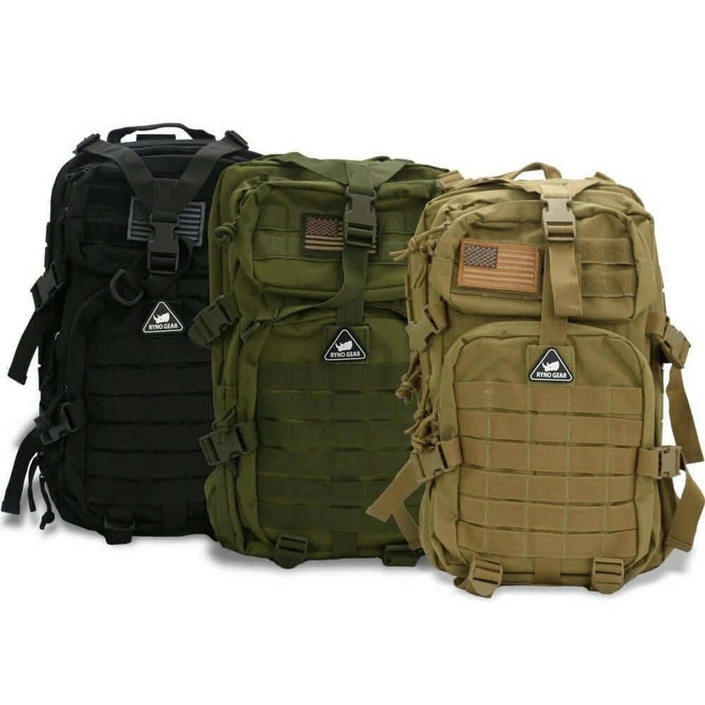 Three premium tactical backpacks in black, green, and tan showcased for outdoor and tactical use.