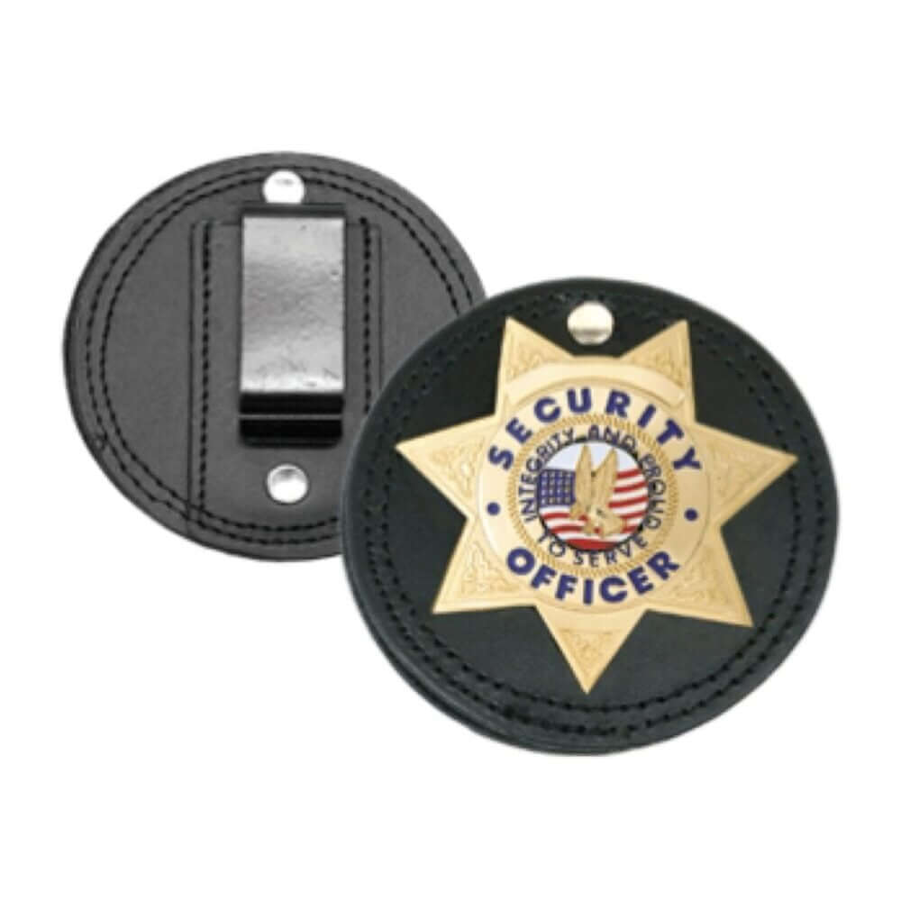 Security officer badge clip with leather backing, featuring a gold star design and American eagle emblem.