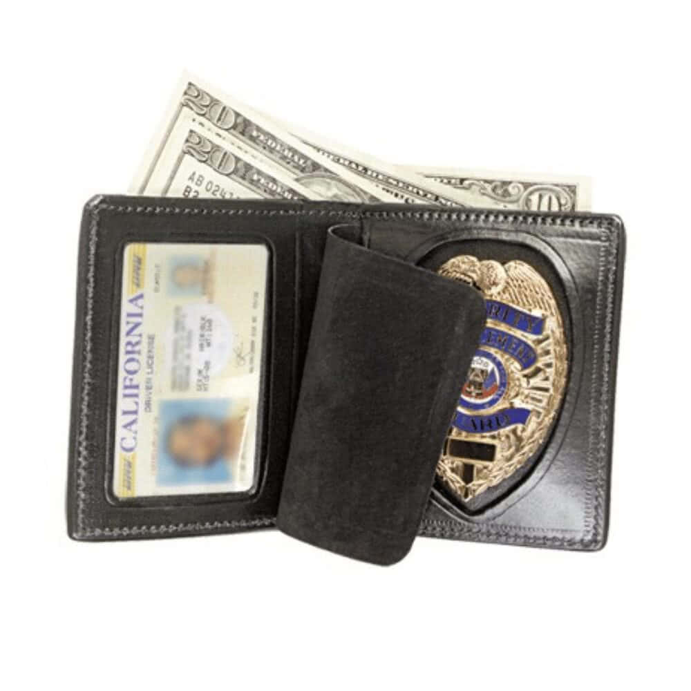 Open badge wallet displaying an ID, badge, and cash, highlighting craftsmanship and functionality for secure badge display.
