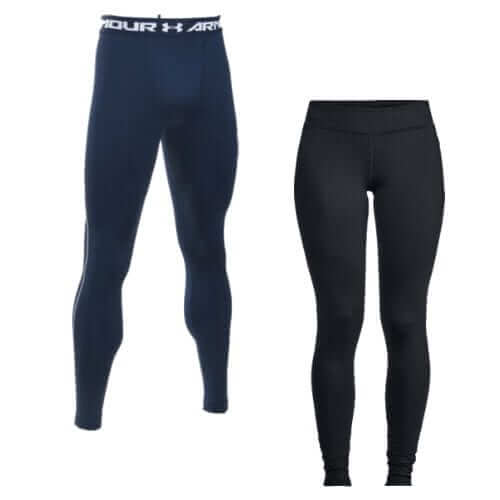 Two pairs of black baselayer bottoms for men and women, ideal for activewear and layering in cold weather.