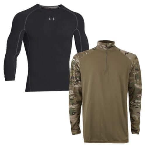 Baselayer tops in black and camo designed for outdoor enthusiasts and professionals in law enforcement and military.