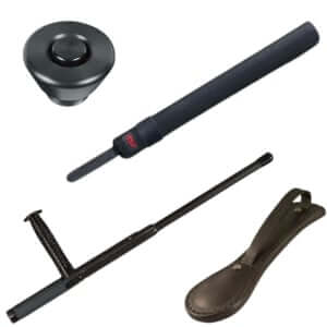 Collection of tactical batons and accessories including collapsible baton and carry case for law enforcement gear.