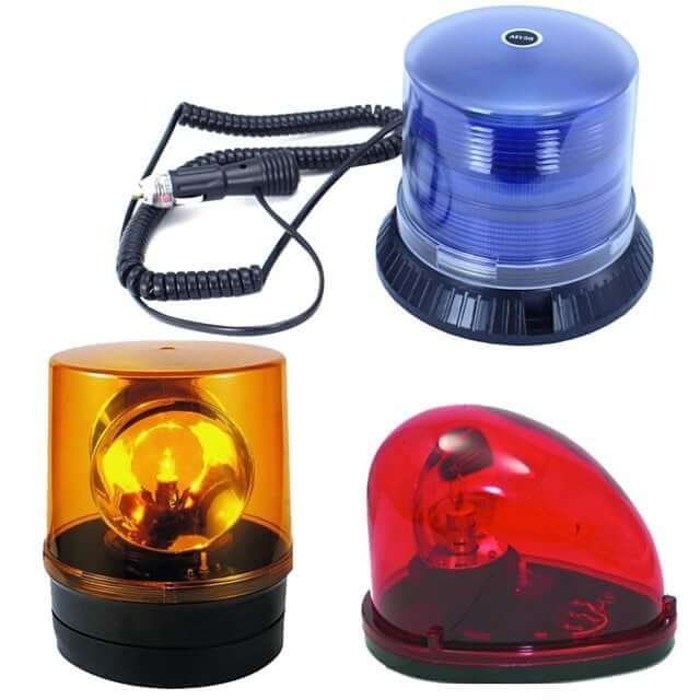 Assorted beacon lights in blue, amber, and red, showcasing emergency lighting options for safety and alertness.
