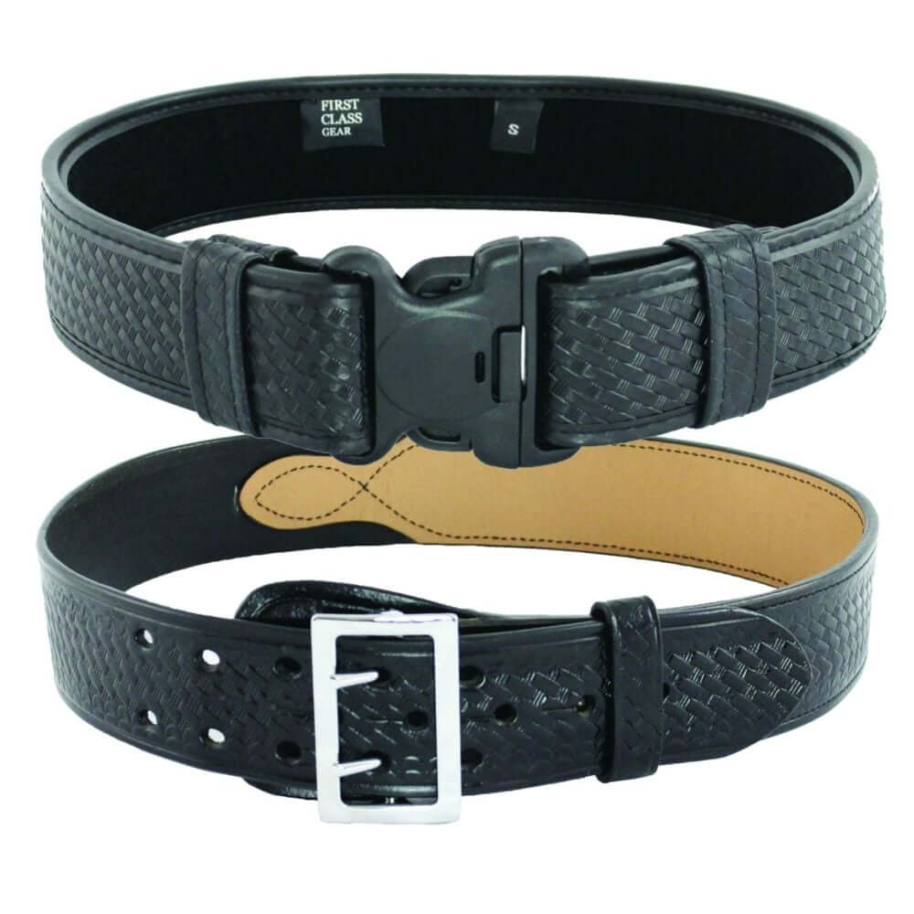 Black woven tactical and classic belt set, ideal for professionals like police officers and security guards.