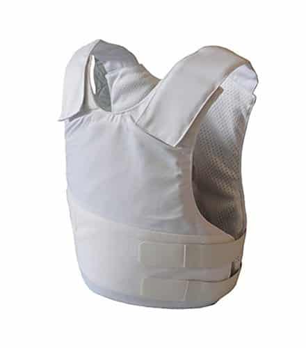 Lightweight white body armor vest designed for police and security personnel.