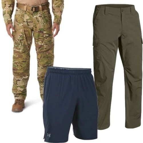 Diverse collection of professional bottoms including tactical pants, cargo pants, and athletic shorts for outdoor and uniform use.