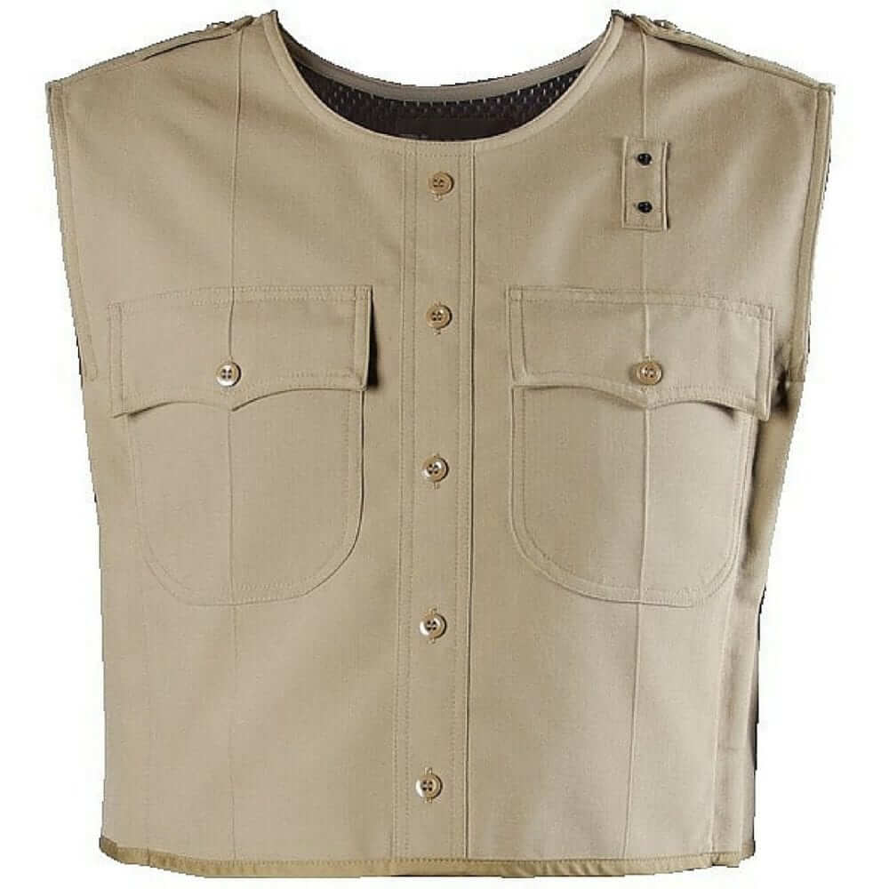 Tan carrier vest featuring dual front pockets and button closure for functional outdoor wear.
