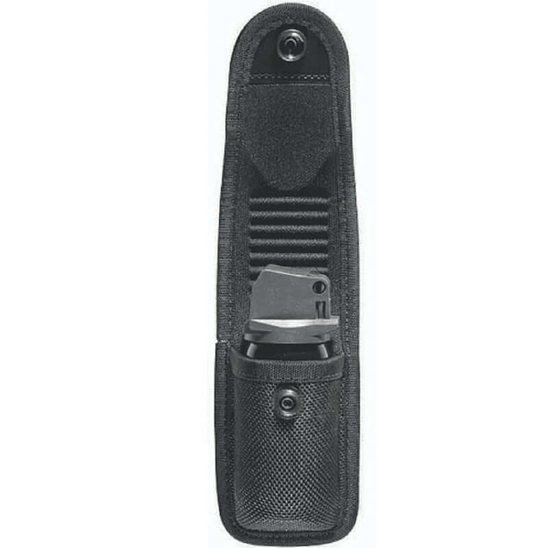 Black tactical knife holster featuring a secure pocket and durable design for outdoor and emergency use.