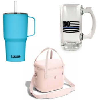Collection of CamelBak tumbler, patriotic glass mug, and stylish cooler bag for outdoor adventures.