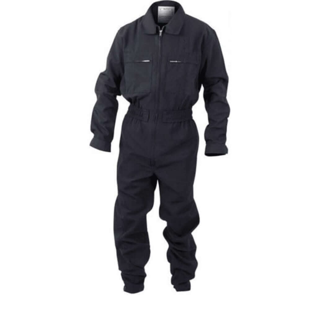Black coverall jumpsuit with a zip front and elastic waistband, perfect for work or outdoor activities.