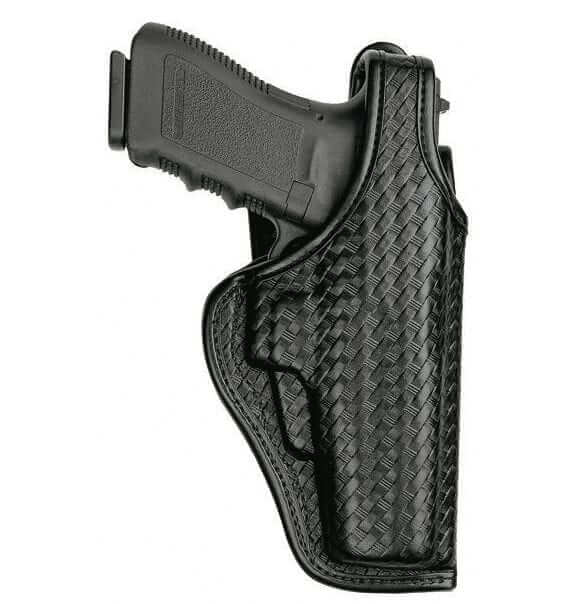 Black leather duty holster displaying a handgun, designed for law enforcement and tactical use.