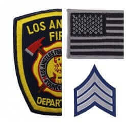 Los Angeles Fire Department patch, American flag, and sergeant chevron patches for service professionals.