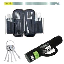 A collection of entry tools including lock pick sets, a tension wrench, and a carrying case for locksmithing.