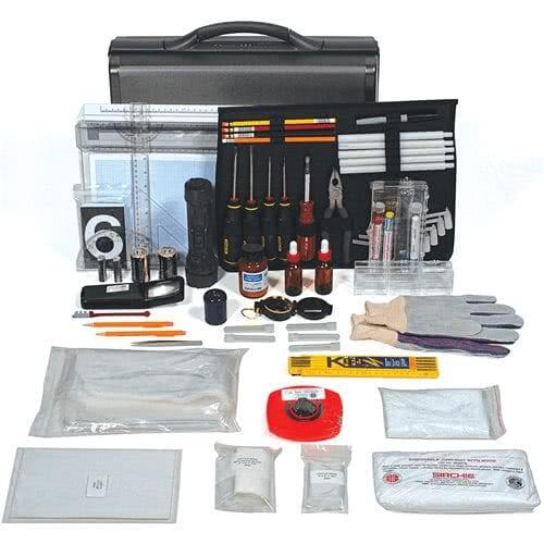 Comprehensive evidence collection kit featuring tools for police and detectives, including gloves, markers, and forensic supplies.