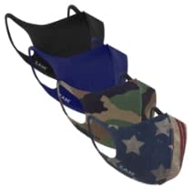 A collection of stylish face masks in various colors and patterns, including black, blue, camouflage, and stars.