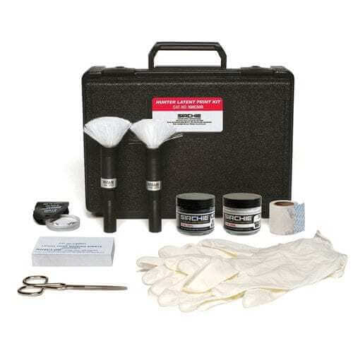 Professional fingerprinting kit with brushes, powders, gloves, scissors, and case from Sirchie for law enforcement use.