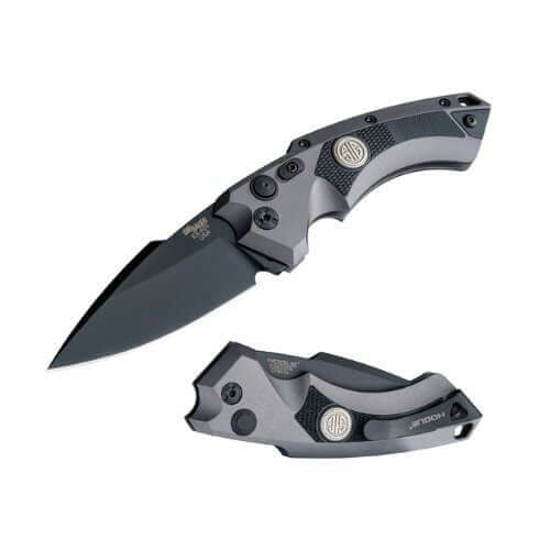 Sleek grey folding knife with tactical design and blade open, perfect for outdoor and everyday use.