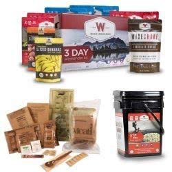 Variety of emergency food kits and storage solutions for outdoor adventures and emergency preparedness.
