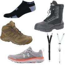 Variety of footwear including duty boots, training shoes, and socks for law enforcement professionals at WCUniforms.com.