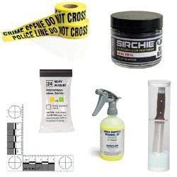 Forensics CSI gear including police tape, fingerprint powder, evidence bags, and crime scene supplies for law enforcement.