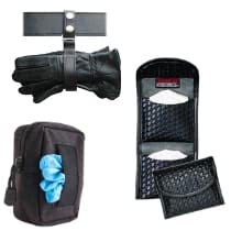 Selection of premium glove holders and pouches for law enforcement and emergency responders.