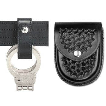 Handcuff and leather pouch showcasing durable tactical duty gear for law enforcement professionals.