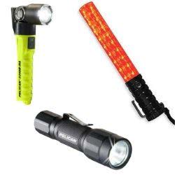Three types of handheld flashlights: a yellow multi-directional, a red glow stick, and a compact black flashlight.