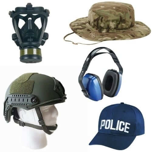 Ultimate headwear collection including police cap, tactical helmet, gas mask, and outdoor hats for safety professionals.