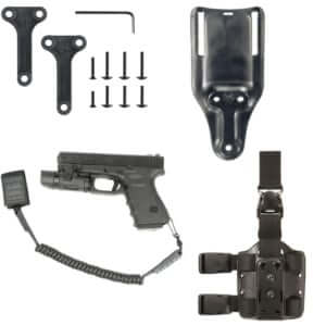 Holster accessories including a handgun, holster, mounting parts, and attachment accessories for secure carrying.